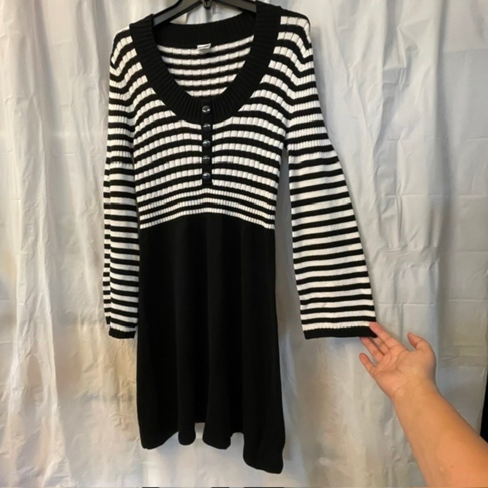 C&A Yessica Striped Knit Mini Dress Long Sleeve Button Scoop Neck Sz L 10/12